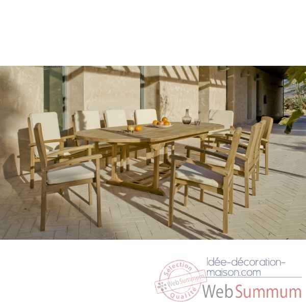 Ensemble amberes teck 1 table extensible 180-300 + 8 fauteuils + coussins ecru Exklusive hevea -10084-3663141