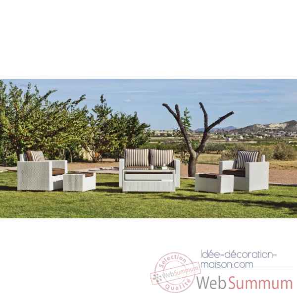Ensemble salon de jardin tuscan 9 coussin raye beige : 1 canape 2pl + 2 fauteuils + 1 table basse + 2 poufs Exklusive hevea -10133-3663141