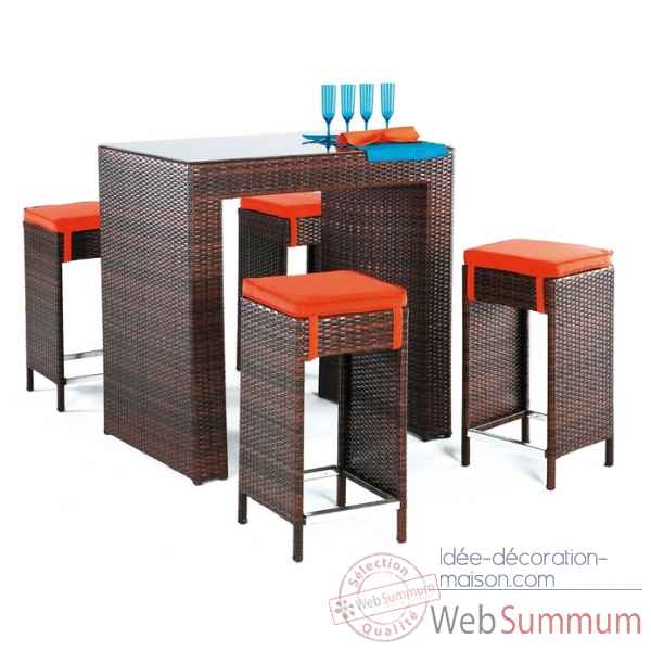 Ensemble table bar delphin et 4 tabourets coussin raye marron Exklusive hevea -10134-8430424