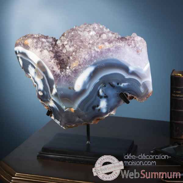 Geode d'amethyste ouverte bordee d'agate bleue Objet de Curiosite -PUMI813