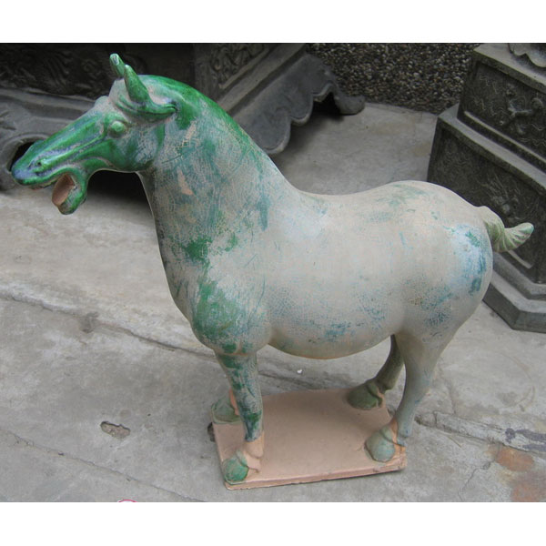 Sculpture cheval terre cuite vernisse couleur blanc artisanat Chine -cer056b