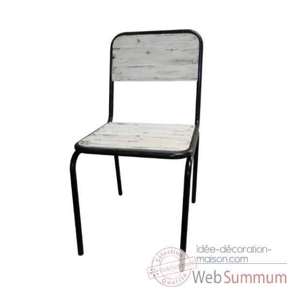 Chaise industrielle fer et bois blanc use - dossier plein Antic Line -CD505
