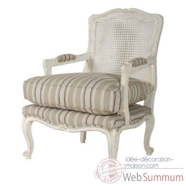 Fauteuil bergere canne textile a rayures - blanc patine Antic Line -CD200