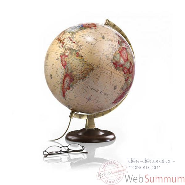 Globe Classic A4 - Globe lumineux - Cartographie de type antique - diam 30 cm - Pied noyer et méridien laiton