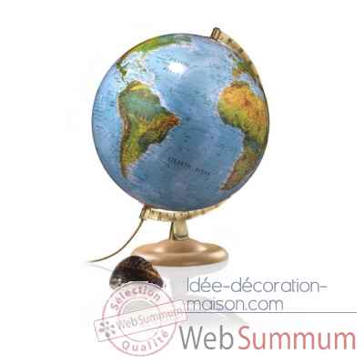 Globe geographique Lumineux double effet cartographie physique eteint / politique allume - pied bois et demi-meridien metal