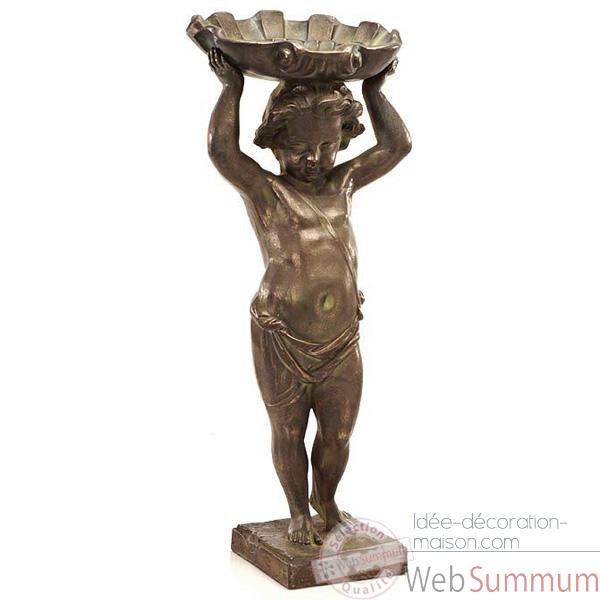 Fontaine-Modele Cherub w. Shell Fountainhead, surface bronze avec vert-de-gris-bs3143vb