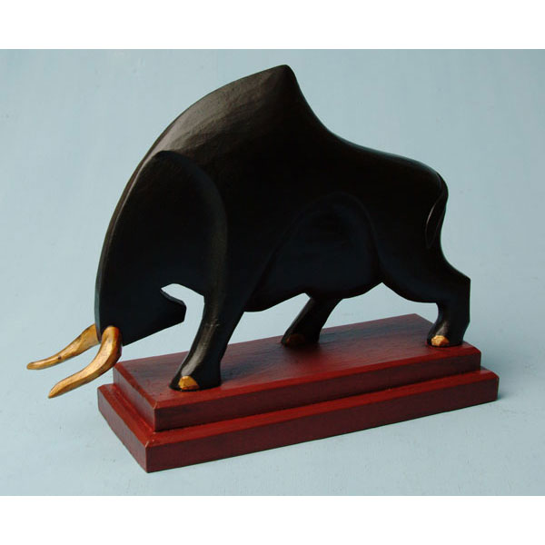Buffalo stylise bois noir sur socle couleur marron artisanat Indonesien -13804