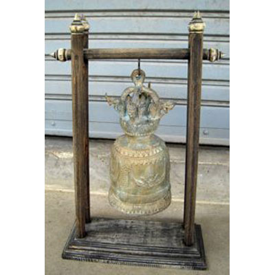 Cloche en bronze sur portique en bois de tek artisanat Thai -tai0809