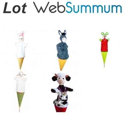 Lot marionnettes marottes 5 animaux de la ferme lapin, ane, souris, agneau, vache -LWS-486