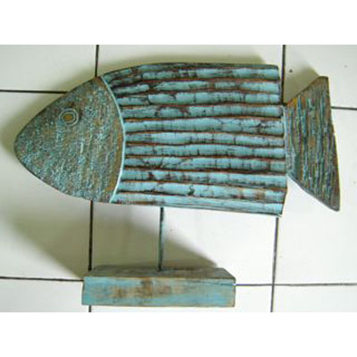 Sculpture poisson en bois, couleur vert cruse sur socle artisanat Indonsien -33313