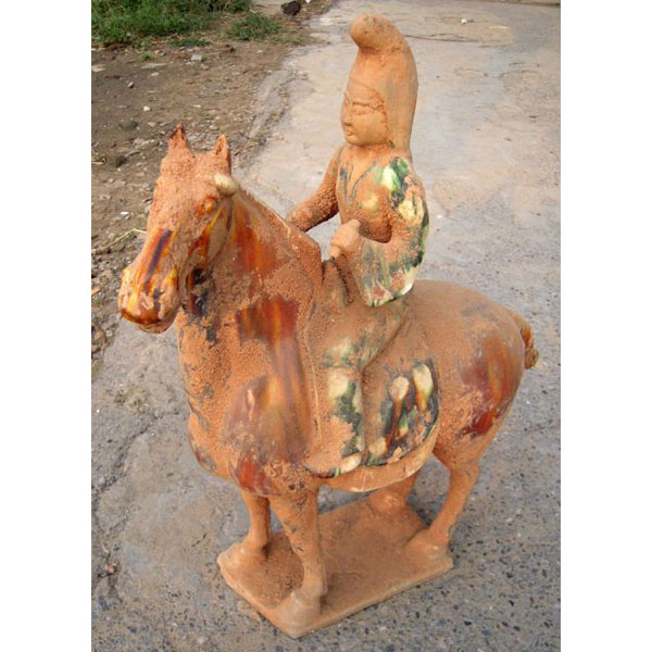 Sculpture cheval en terre cuite vernisse avec cavalier artisanat Chine -c66319