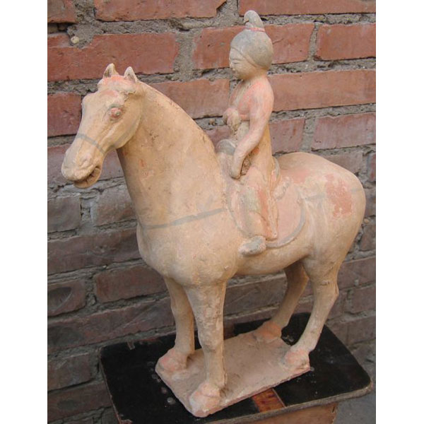 Sculpture cheval monte par une musicienne en terre cuite artisanat Chine -c66502