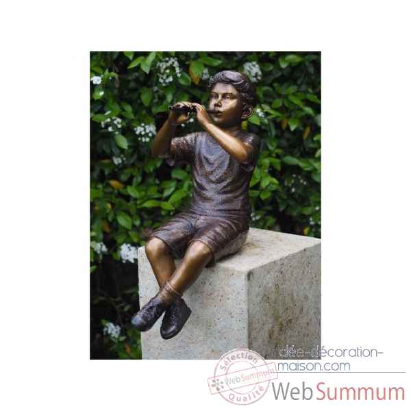 Sculpture garçon avec flûte en bronze thermobrass -b1229
