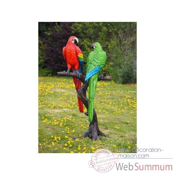 Sculpture 2 perroquets colorés sur tronc d\\\'arbre en bronze thermobrass -b1147-1