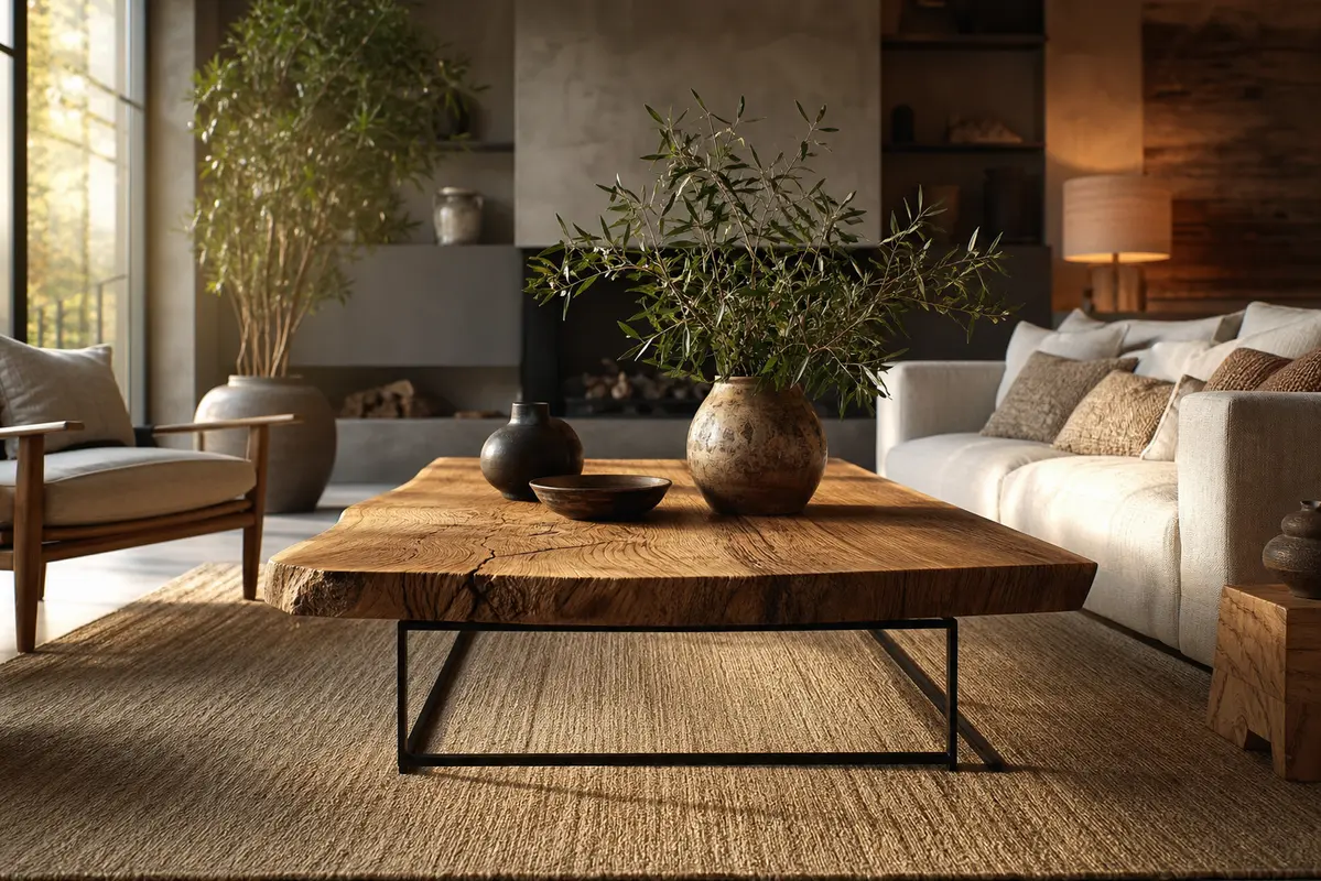 Table basse en bois massif à l’aspect naturel, au plateau veiné et au bord irrégulier, introduisant le choix du meuble et son entretien.