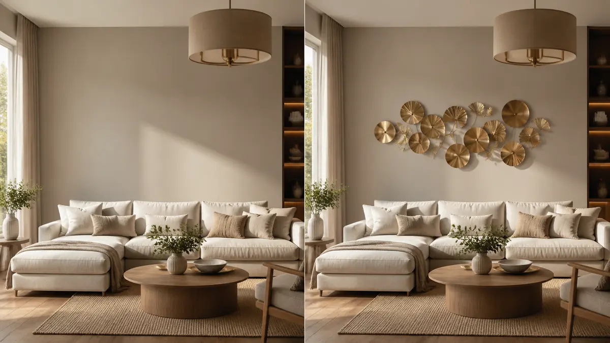 Une décoration murale dorée introduit des choix de formes et de finitions, à adapter à la pièce et aux conditions de fixation.