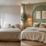 Une chambre où le mur derrière le lit sert de point focal, avec une teinte douce et sans décoration suspendue.