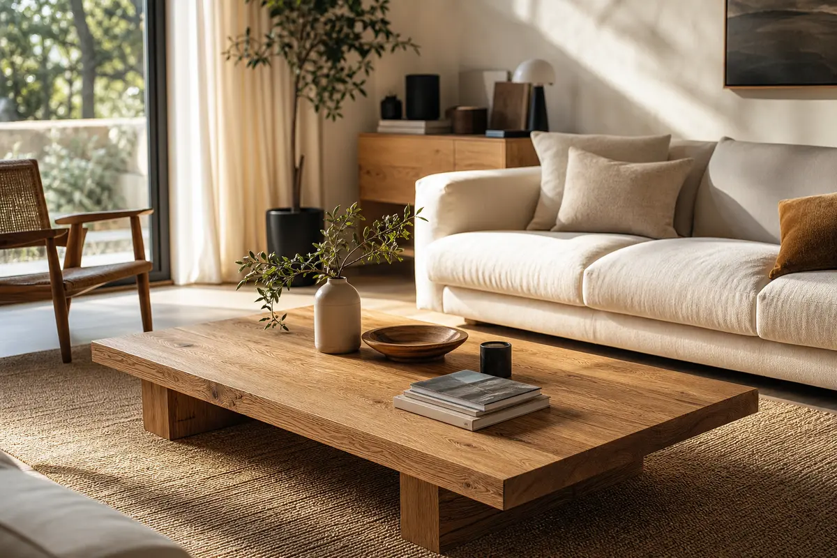 Table basse rectangulaire en bois massif devant un canapé : un exemple de proportions à adapter à la pièce et à la circulation.