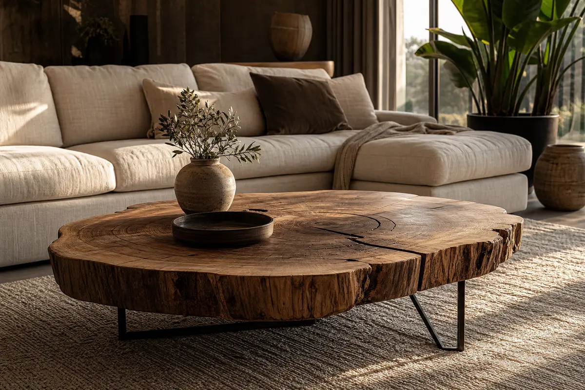 Table basse en bois massif façon tronc : un rondin épais à bords irréguliers introduit les critères de choix pour un salon.