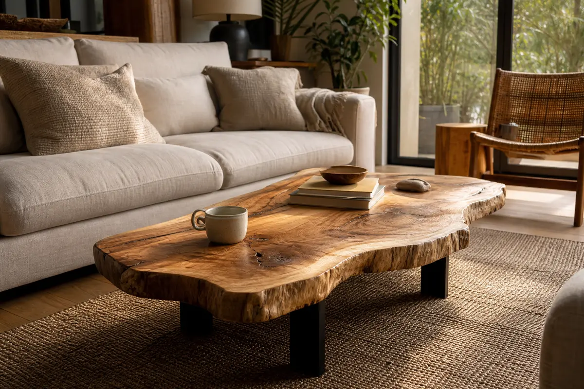 Table basse au plateau ovale asymétrique et au veinage visible, une forme singulière à adapter aux dimensions et aux passages du salon.
