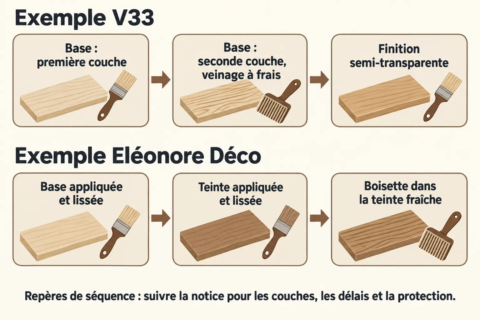 schéma comparatif de séquences — peinture effet bois