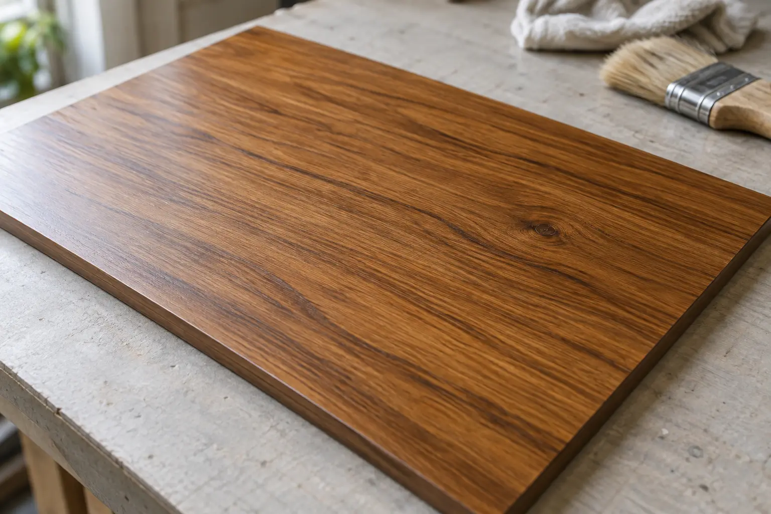 Panneau-échantillon peint en faux bois brun aux veines foncées, posé sur un établi.
