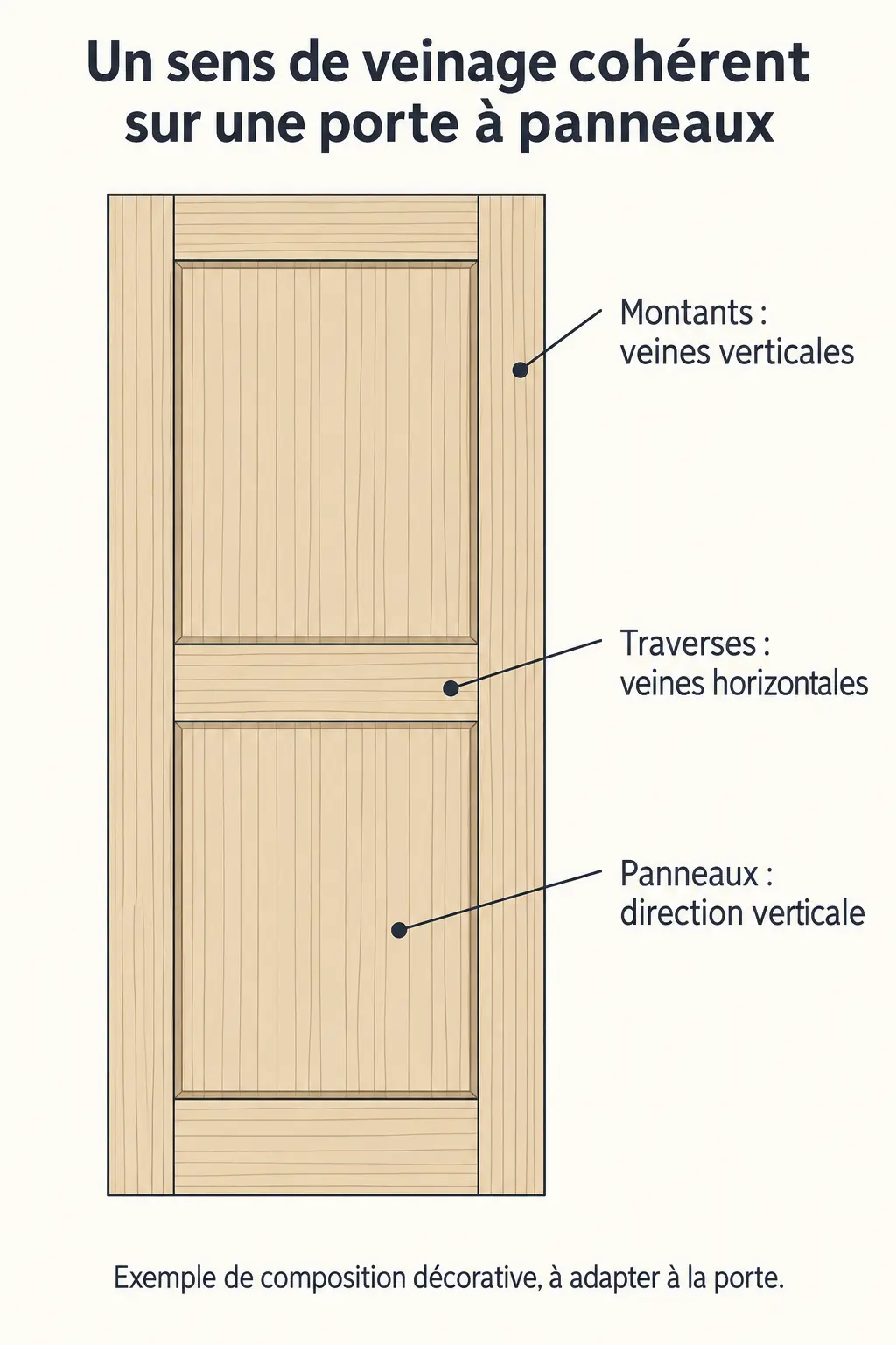schéma pédagogique de porte à panneaux — peinture effet bois