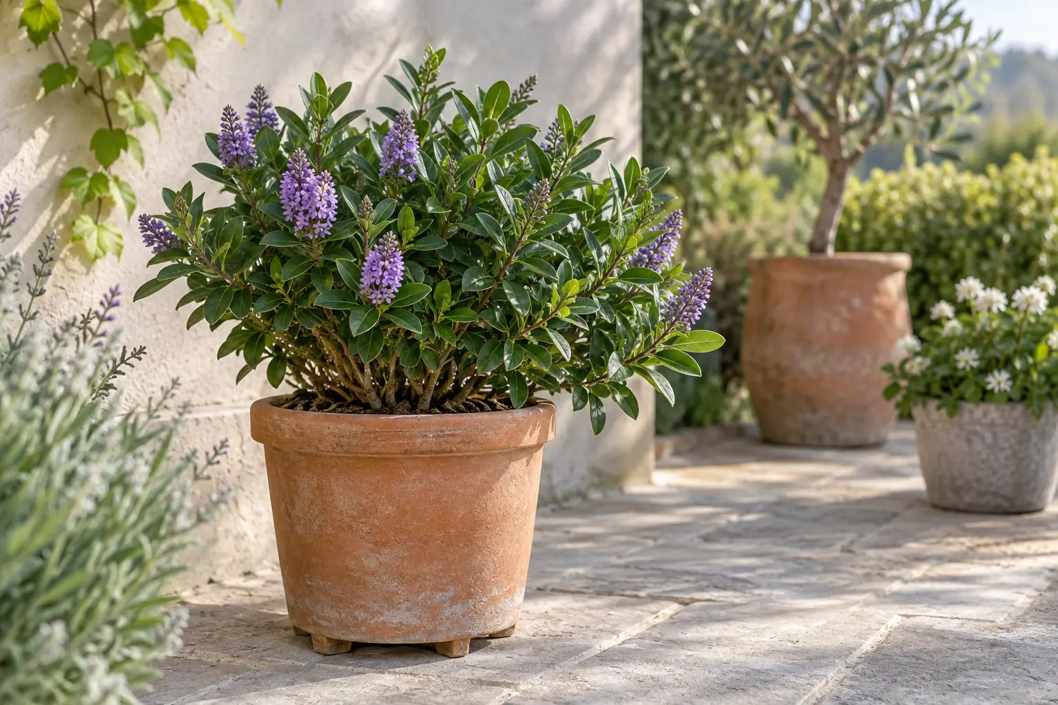 Hébé compacte au feuillage dense et aux grappes de fleurs violettes, dans un pot en terre cuite sur une terrasse.
