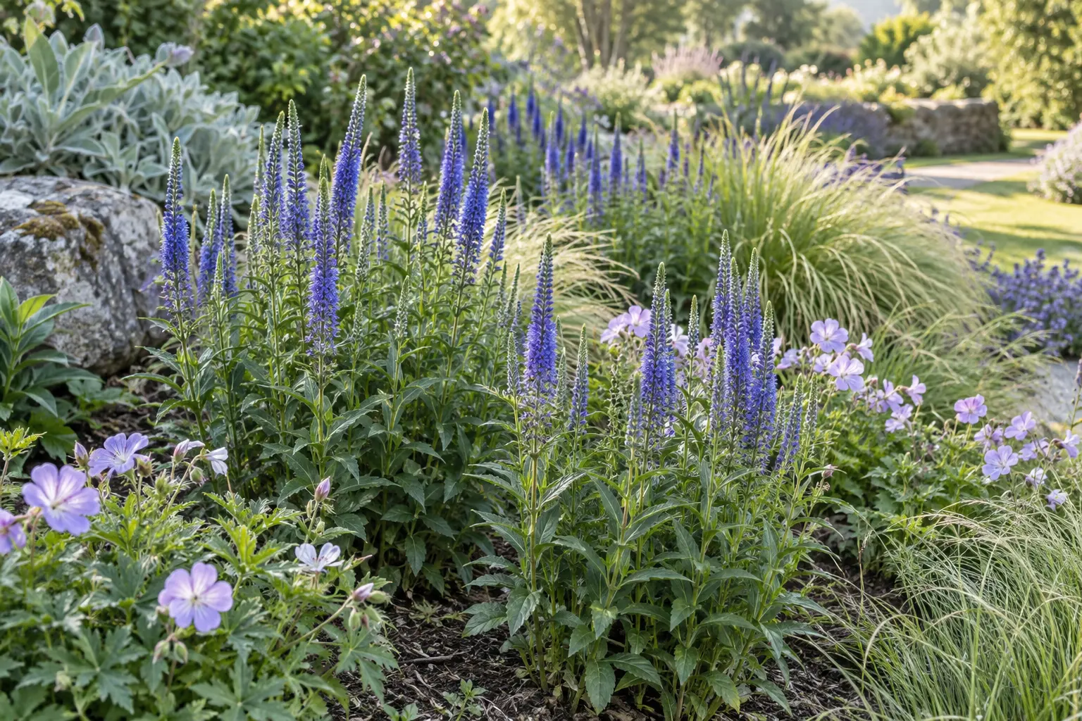 Touffes de Veronica spicata aux épis floraux dressés, entourées de géraniums vivaces et de graminées dans un massif.