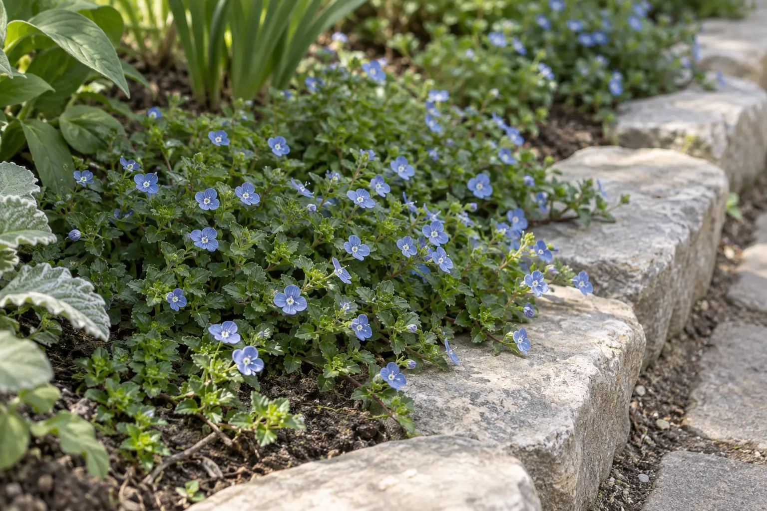 Veronica peduncularis 'Georgia Blue' formant un tapis bas de petites fleurs bleues en bordure de pierres naturelles.