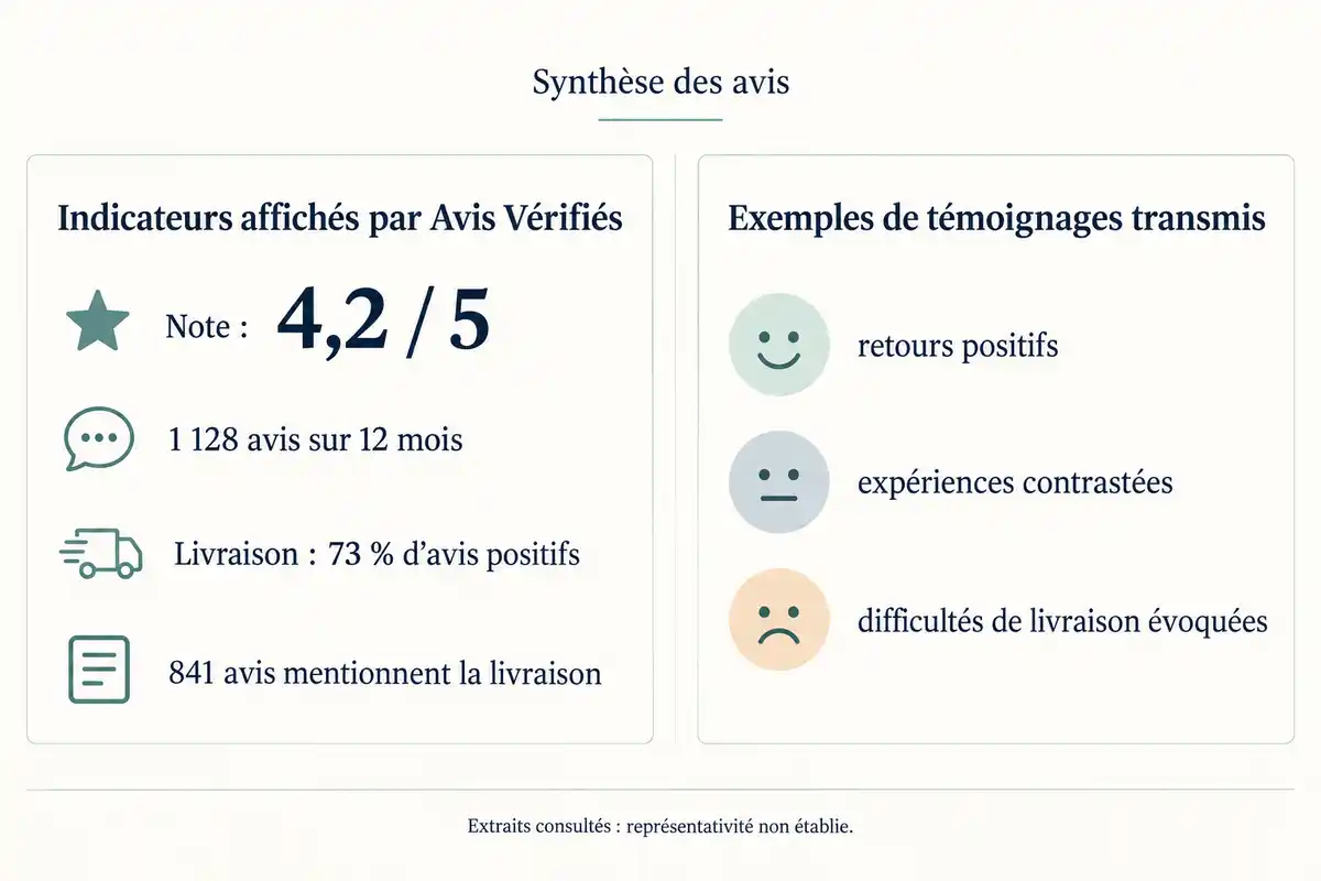 Infographie en deux colonnes présentant les indicateurs d’avis — note de 4,2 sur 5, 1 128 avis sur 12 mois et données sur la livraison — et trois catégories de témoignages : retours positifs, expériences contrastées et difficultés de livraison évoquées.