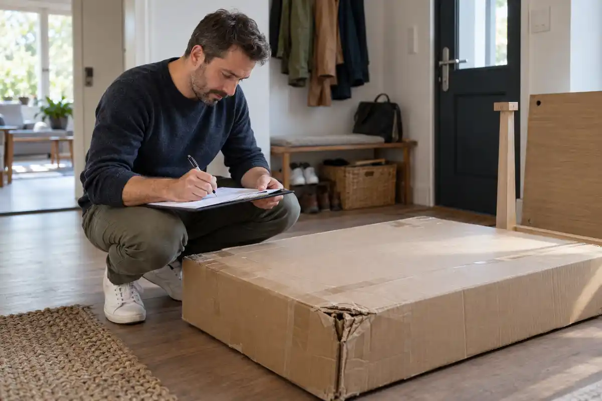 Un homme accroupi écrit sur un document près d’un grand carton dont un angle est déchiré.
