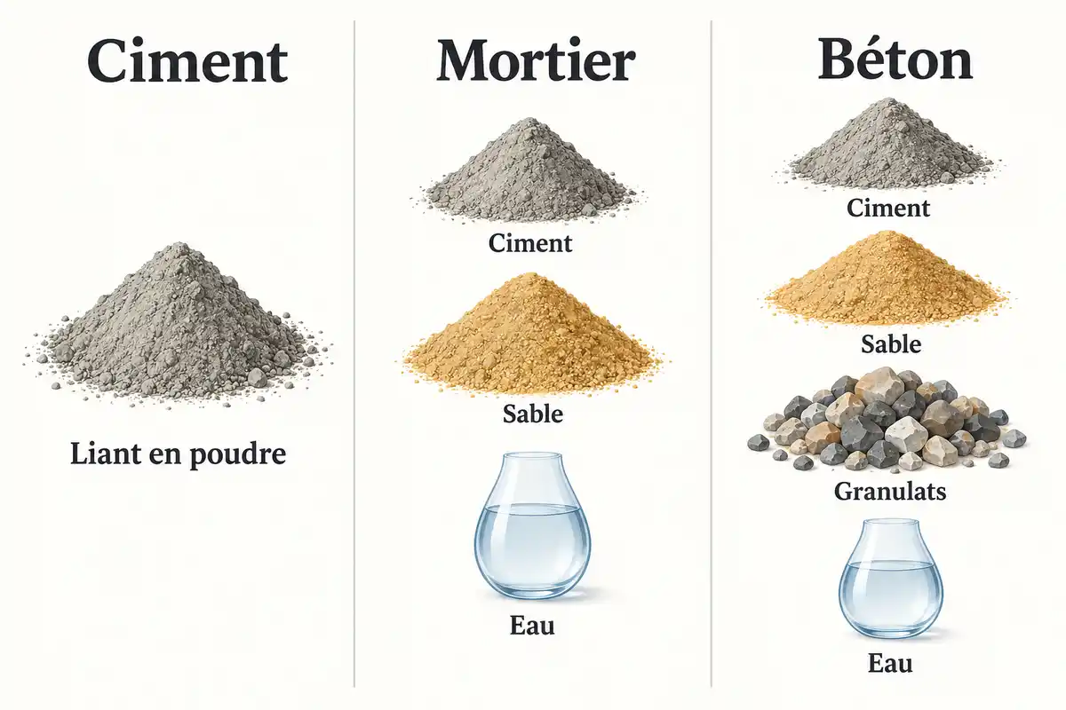 Le ciment est un liant en poudre ; le mortier y ajoute sable et eau, tandis que le béton comprend aussi des granulats.