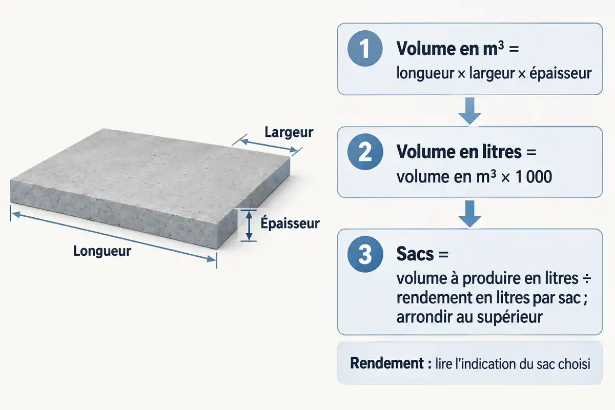 Du volume de la dalle, on passe aux litres, puis au nombre de sacs en divisant par le rendement indiqué sur l’emballage.