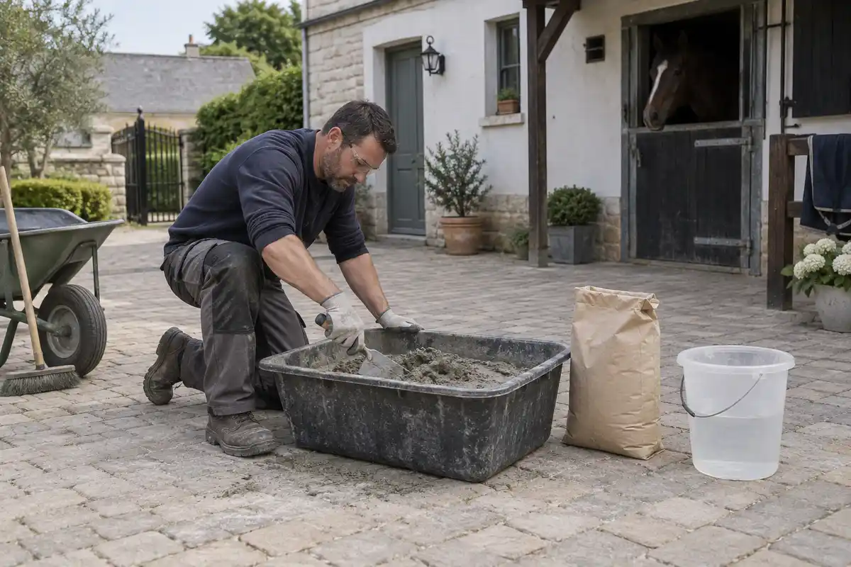 Mélange à la truelle dans une auge après préparation de l’eau mesurée, des outils et des protections pour le gâchage.