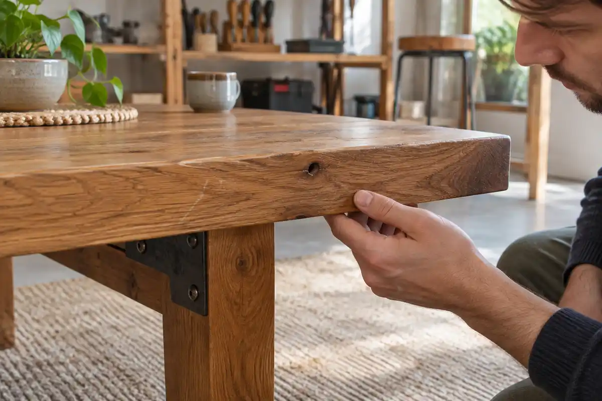 Inspection d’une table basse en bois massif : le chant abîmé, les rayures et la fixation du pied sont à vérifier avant la finition.