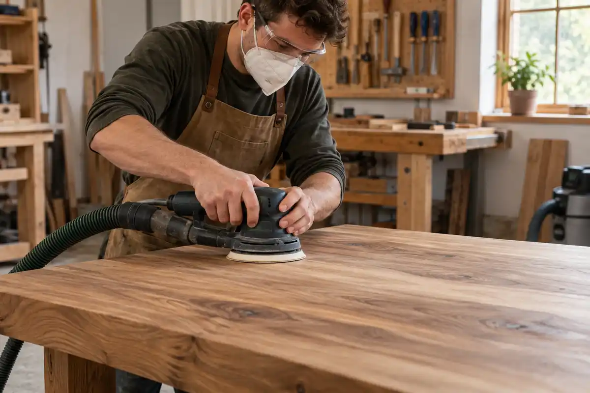 Ponceuse guidée dans le sens du fil sur le plateau plat d’une table basse, avec masque et lunettes pour cette étape de préparation.
