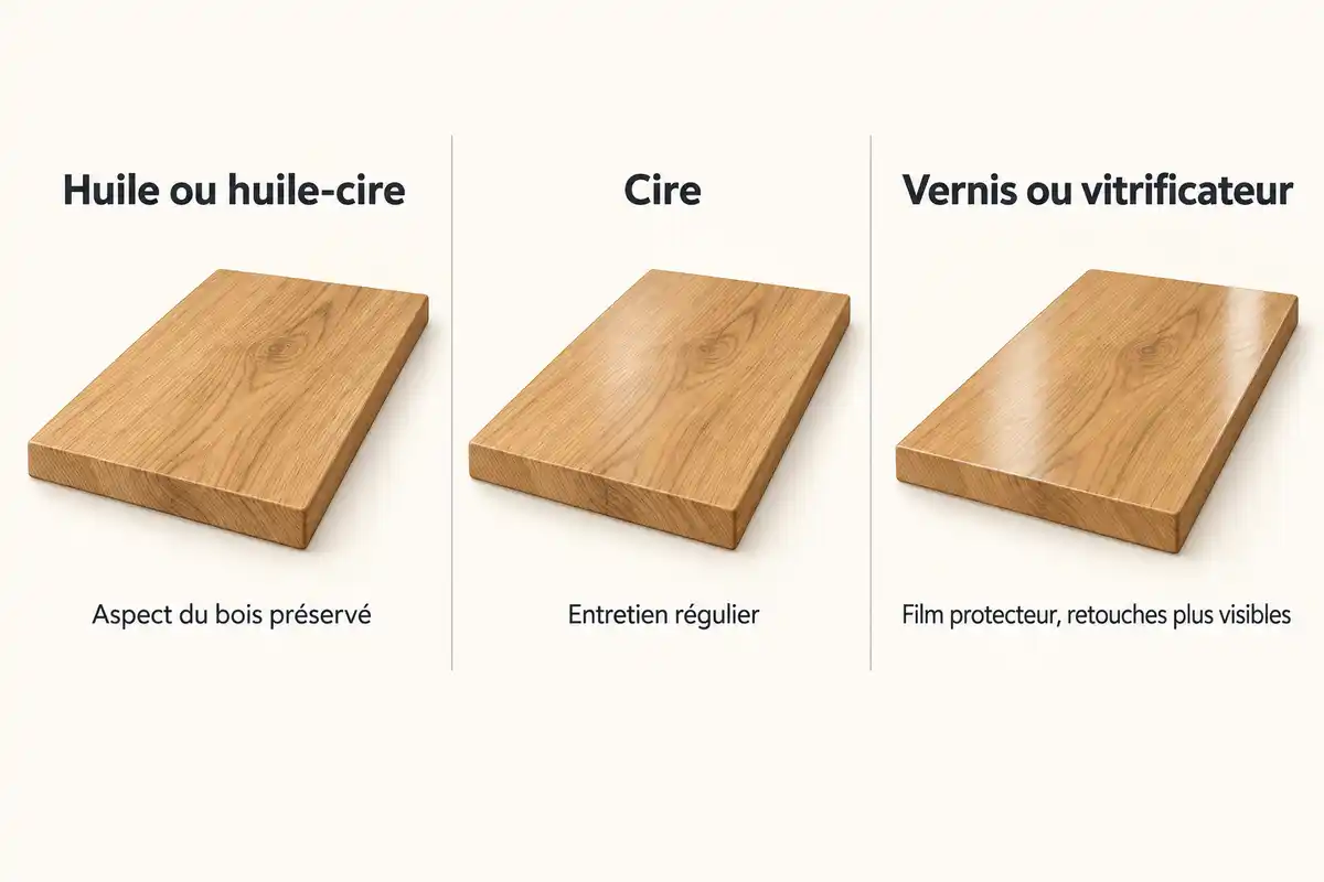 Le choix de finition oppose l’aspect du bois préservé par l’huile, l’entretien régulier de la cire et le film du vernis, aux retouches plus visibles.