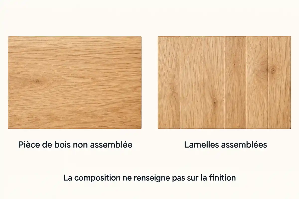 Pièce de bois continue et lamelles assemblées distinguent deux compositions de plateau ; leur structure ne renseigne pas sur la finition.