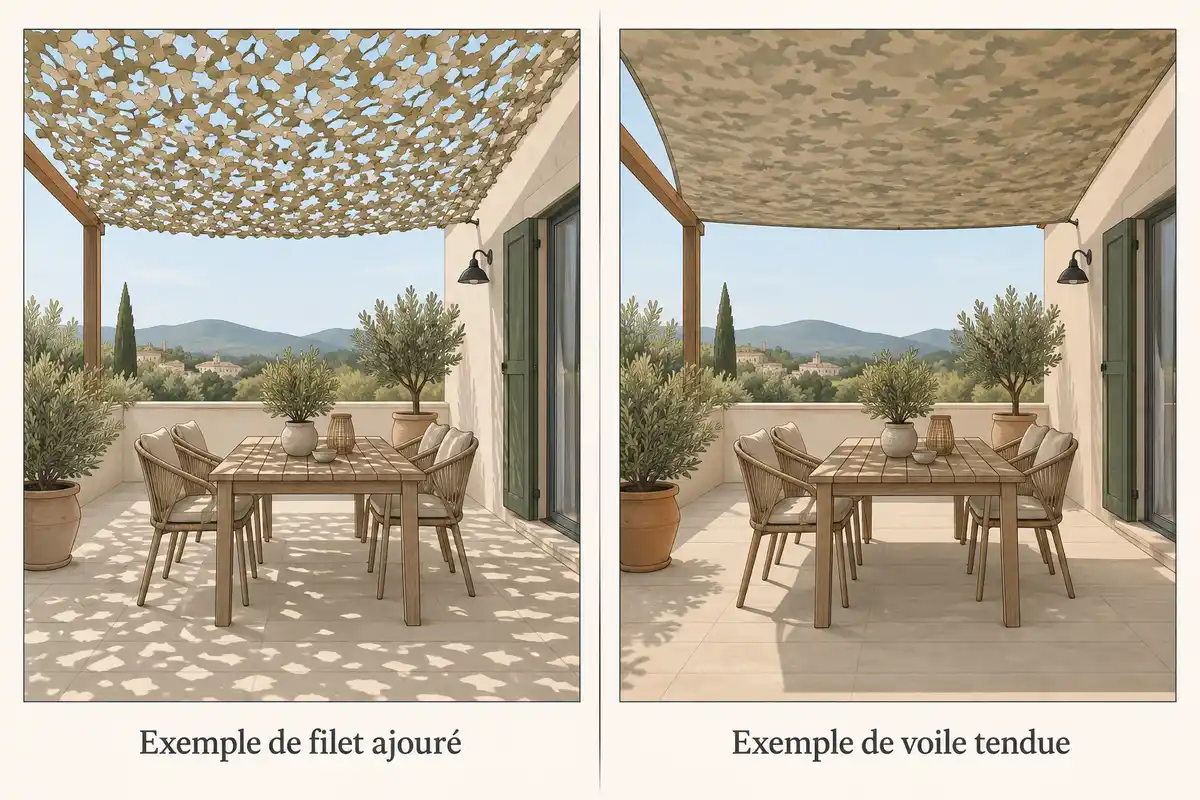 Le filet ajouré laisse passer la lumière par endroits, tandis que la voile tendue forme une zone d’ombre plus régulière dans ces exemples.
