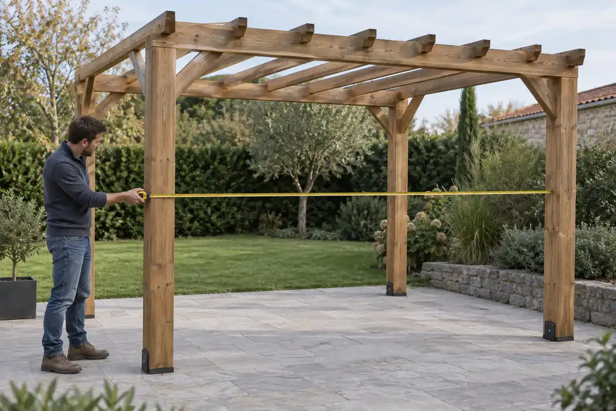 Mesurer l’écart intérieur entre les montants d’une pergola aide à relever ses dimensions avant de choisir une toile adaptée au montage.