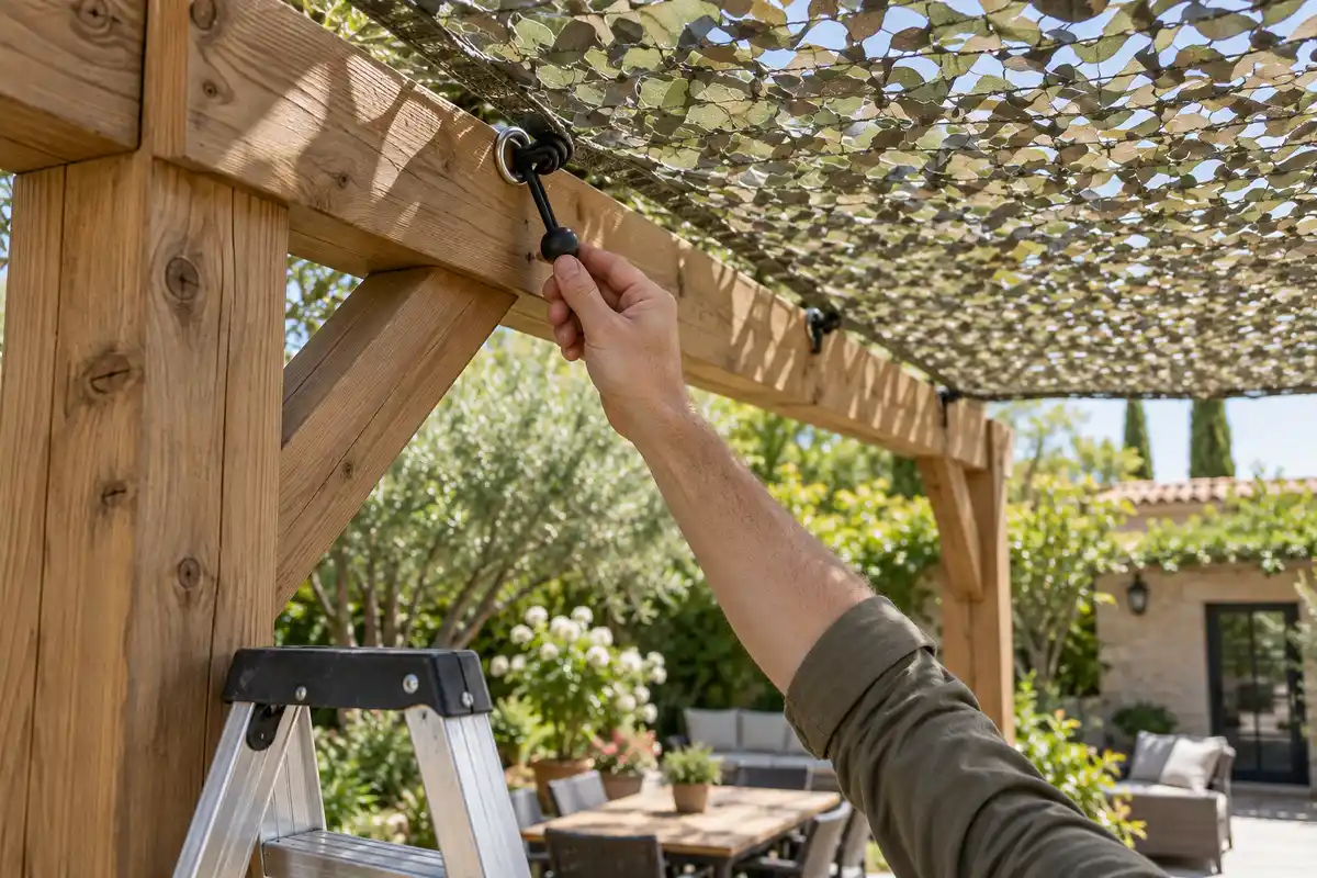 Vérifier la jonction entre toile, attache et bois permet de contrôler le point de fixation avant la pose sur la pergola.