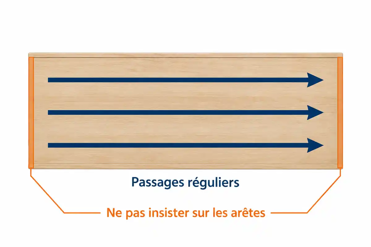 Des passages réguliers sur la façade aident à contrôler le décapage, tandis que les arêtes sensibles demandent un geste allégé.
