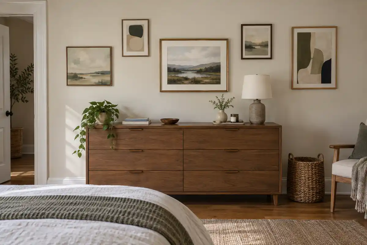 Cinq cadres de tailles variées forment une galerie aérée au-dessus d’une commode, avec des espaces libres entre eux.