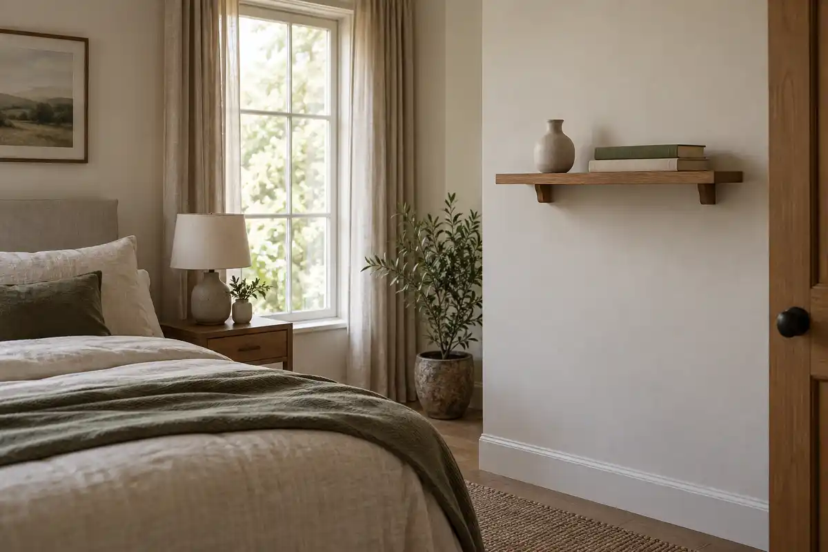 Une petite étagère murale expose un vase et deux livres près du lit, pour personnaliser la chambre sans encombrer le sol.
