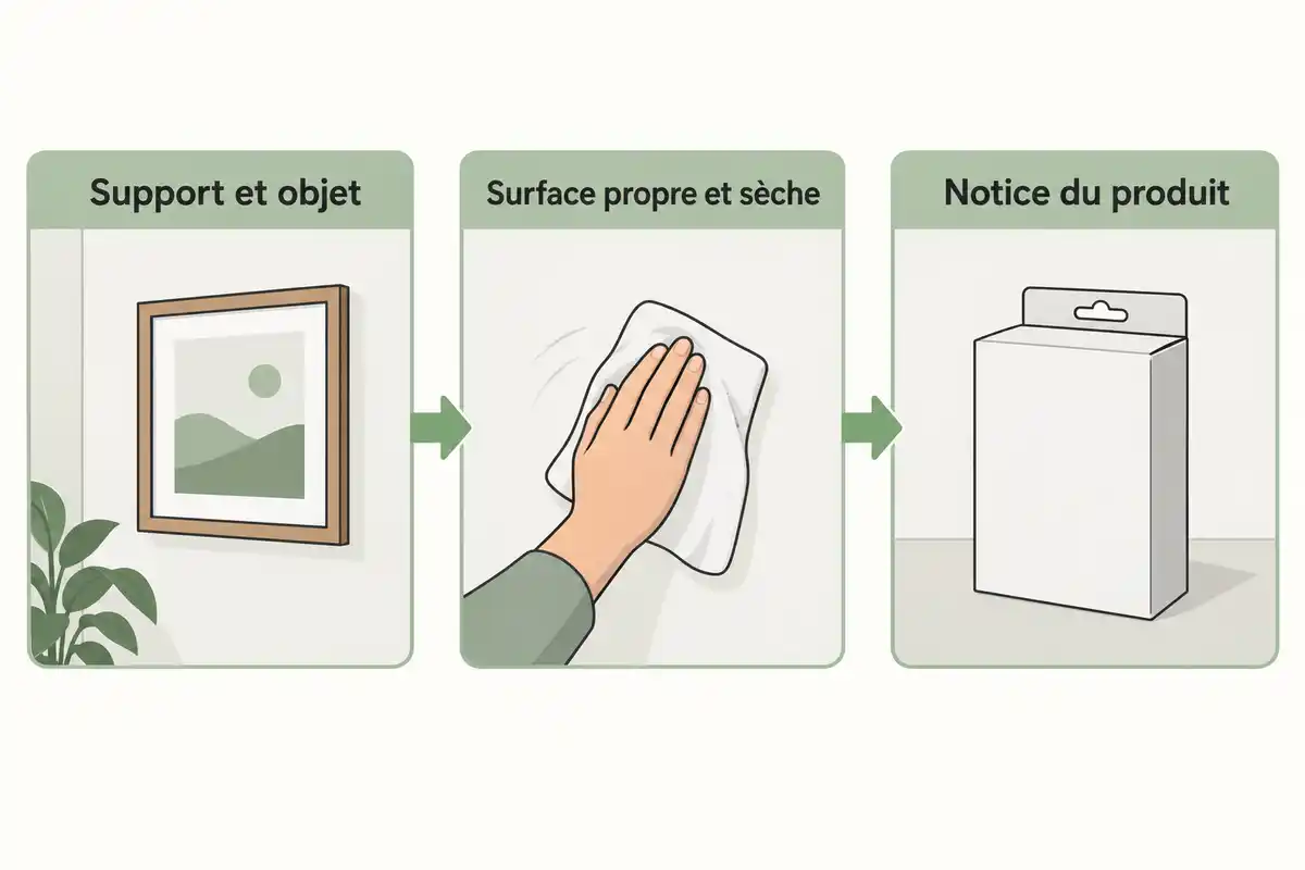 Avant une fixation collée, vérifier la compatibilité du support et de l’objet, préparer la surface selon la notice et suivre ses consignes.