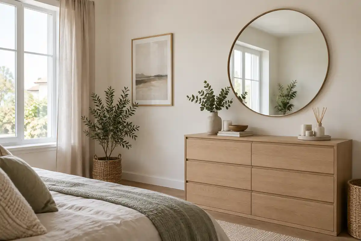 Un miroir rond au-dessus d’une commode reflète une fenêtre hors champ, associant usage pratique et décor.
