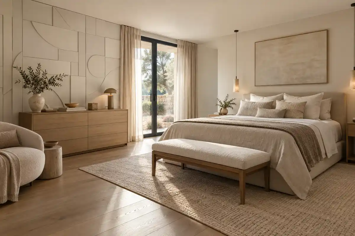 Des panneaux géométriques en relief habillent une partie du mur derrière une commode, tandis que les surfaces voisines restent sobres.