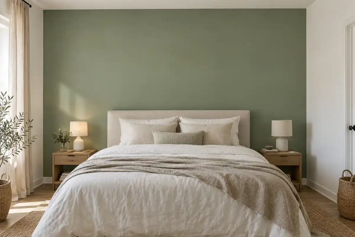 Un mur vert sauge derrière le lit se distingue des murs clairs et crée un point focal sans accessoires.