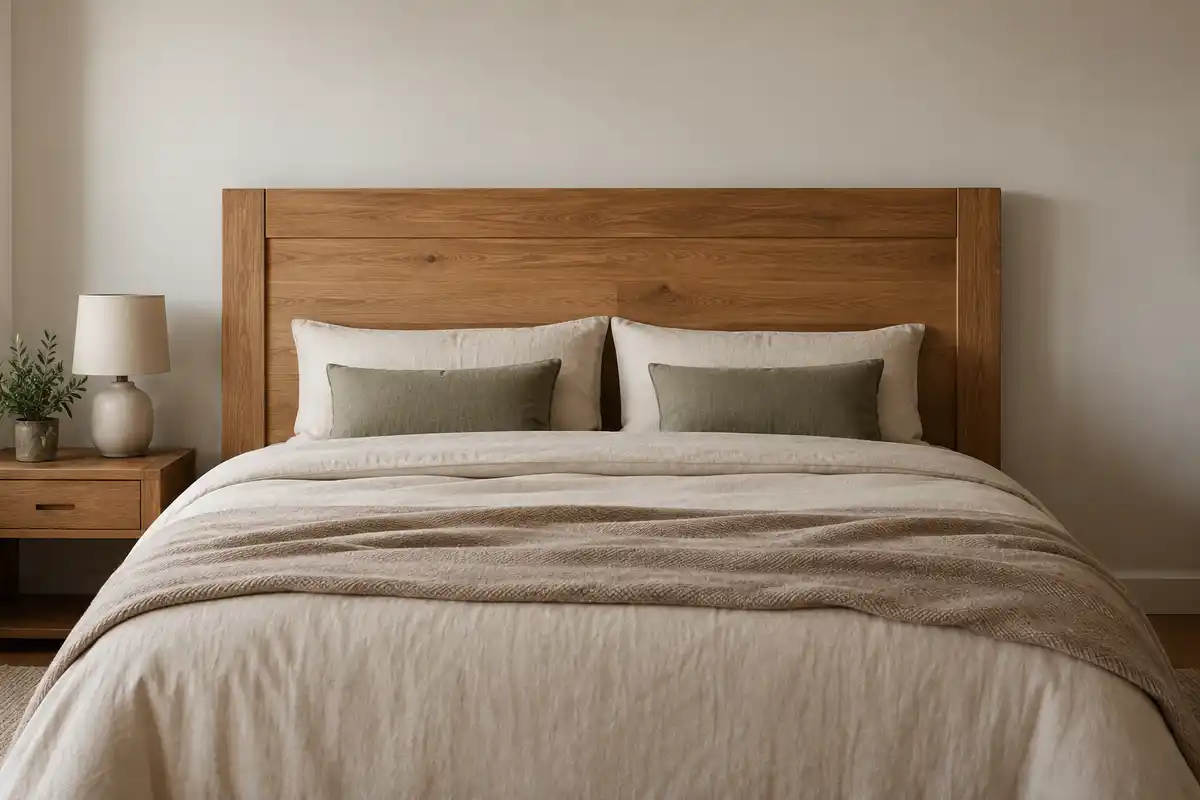 Une haute tête de lit en bois habille le bas du mur, laissé libre au-dessus pour garder un décor équilibré.